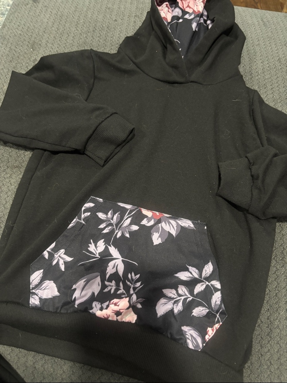 🟢10/$10 - Black Hoodie with Floral Lined Hood and Pocket